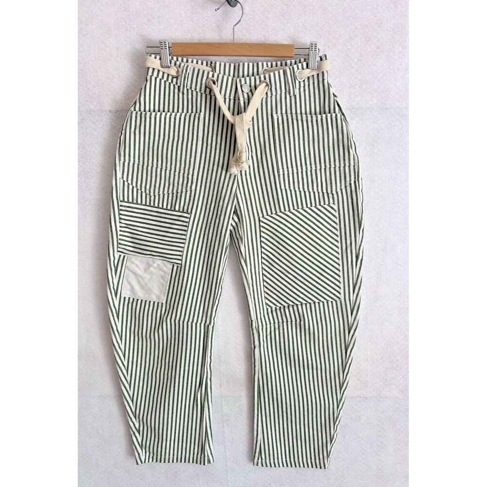 Striped Barrel Leg Jeans Women's Green White Denim Utility Cropped Small